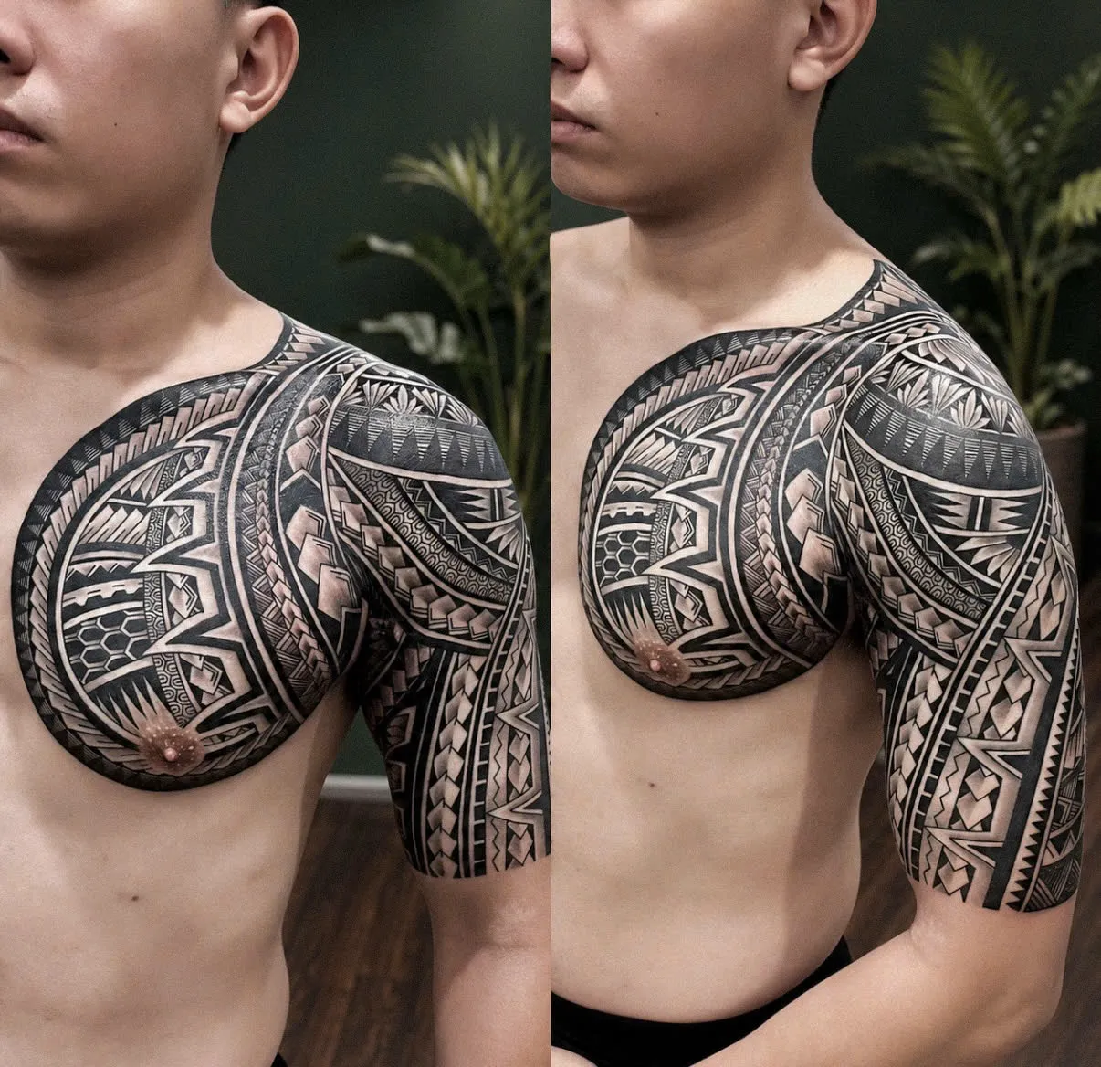 Blackwork Polynesian tribal tattoo covering the chest and shoulder, by GOAT Tattoo Studio Hanoi.