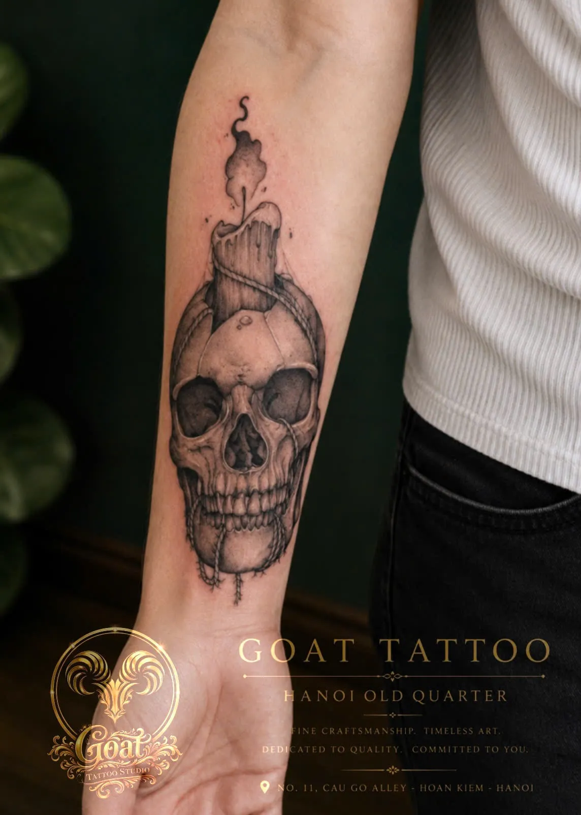 A wispy fine line horse rearing up the forearm, by GOAT Tattoo Studio Hanoi.