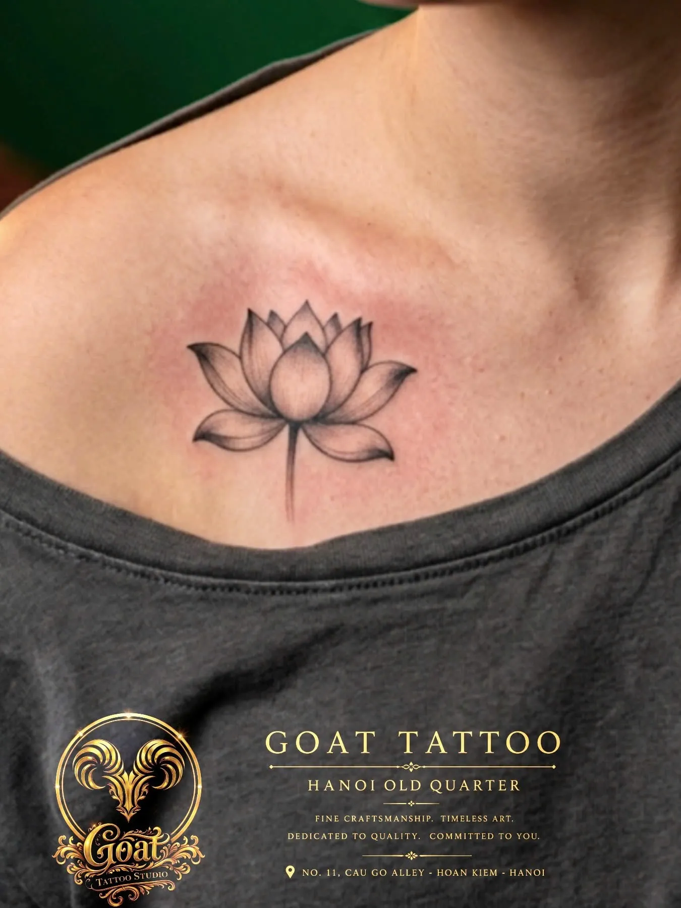 Fine line lotus flower tattoo inked delicately on the collarbone, by GOAT Tattoo Studio in Hanoi’s Old Quarter.