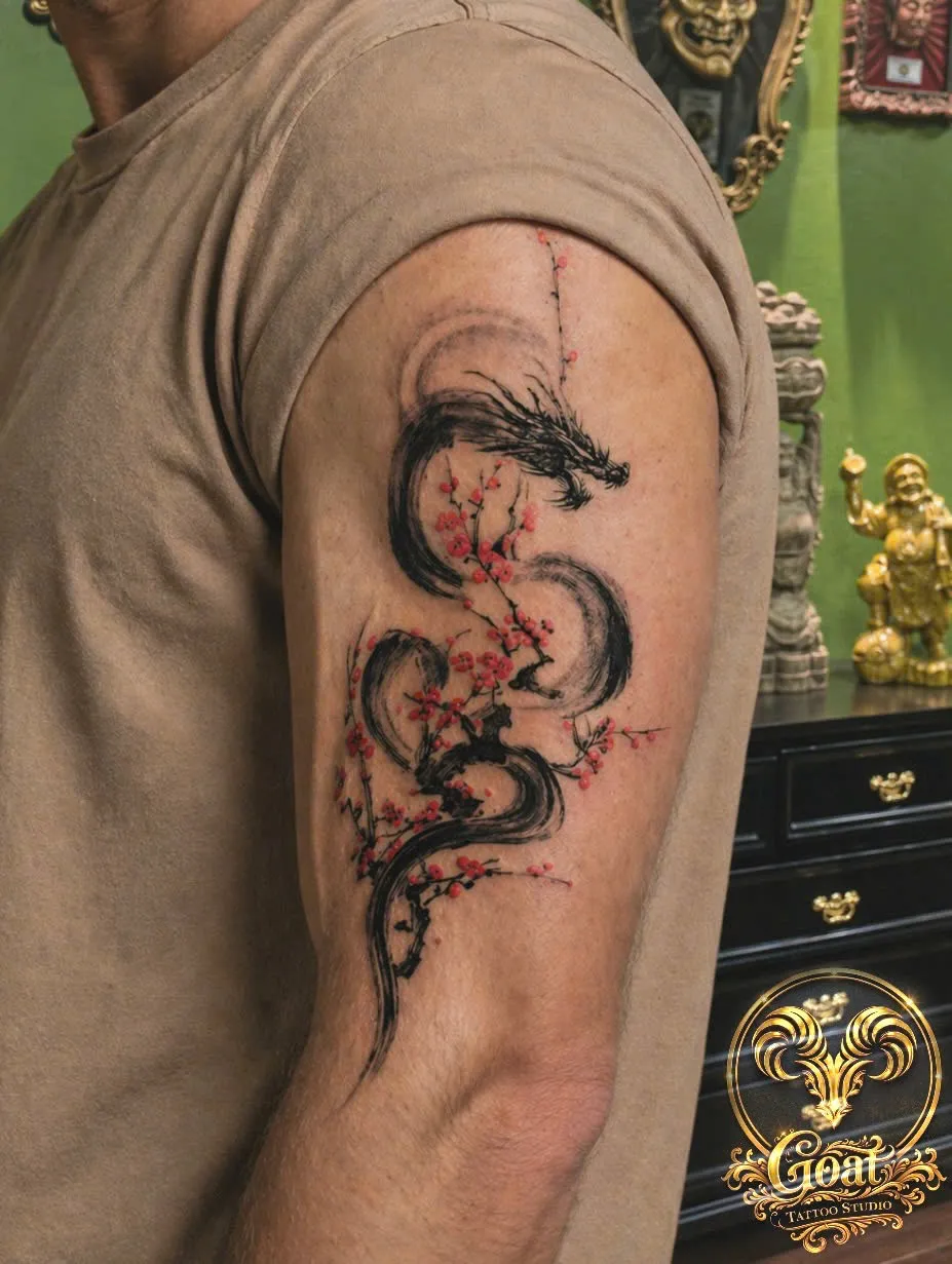 Japanese ink-wash style dragon with red cherry blossoms tattooed on the upper arm, by GOAT Tattoo Studio Hanoi.