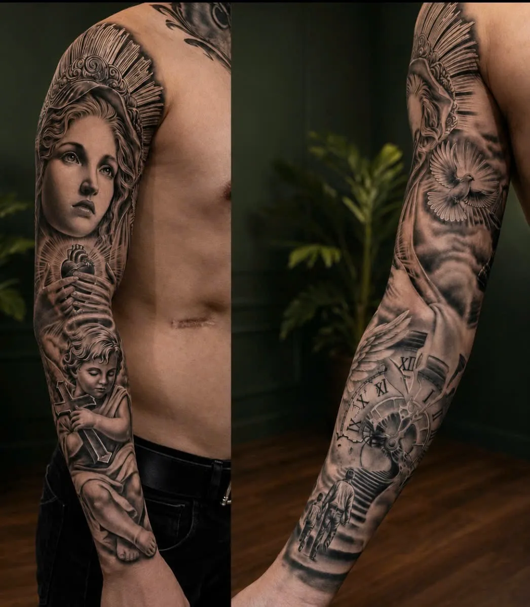 Black and grey realism sleeve tattoo featuring a Madonna figure, angel, and clockwork motifs, by GOAT Tattoo Studio Hanoi.