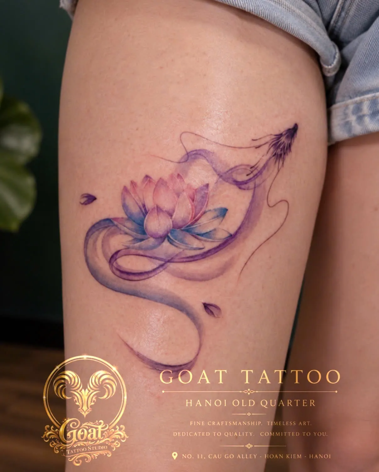 A dotwork sunrise tattoo with Hanoi's coordinates, on the calf, by GOAT Tattoo Studio Hanoi.