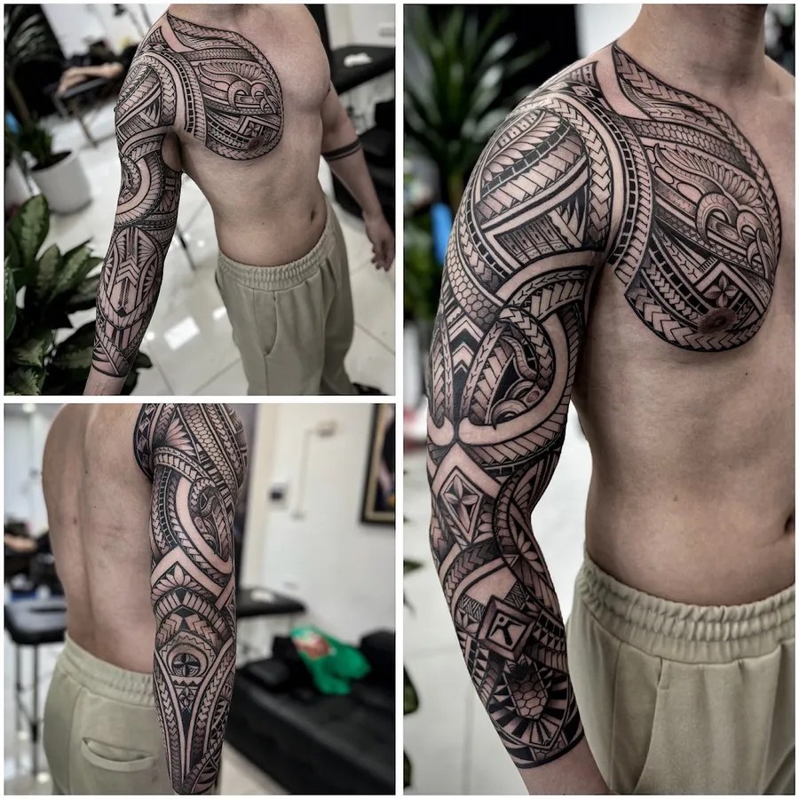Polynesian tribal sleeve and chest tattoo, photo shared by the reviewer